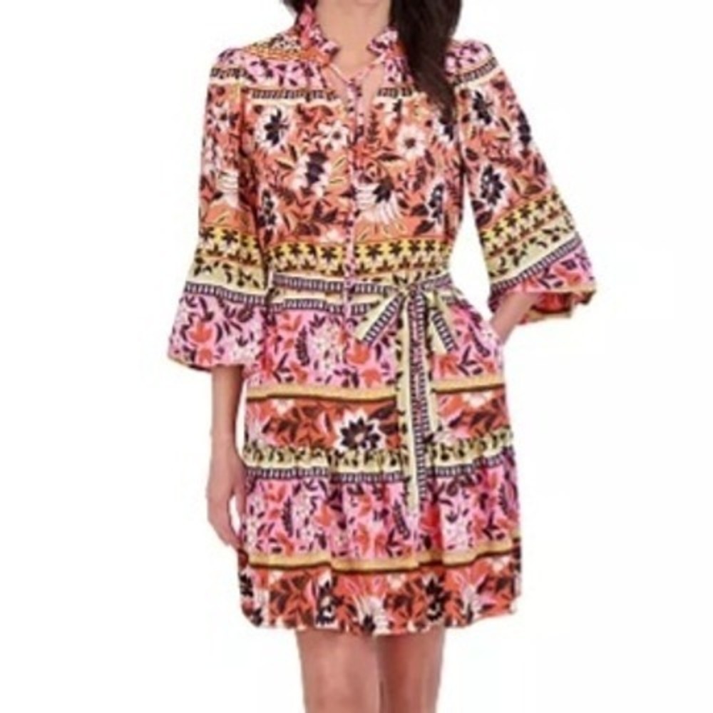 Vince Camuto Floral Print Belted Tiered Tie Neck Dress Womens Size 8 NWT
